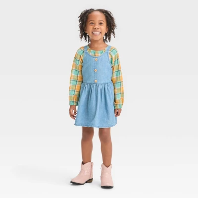 Toddler Girls' Plaid Long Sleeve Top & Denim Skirtall Set - Cat & Jack™ Blue 2 Toddler Girls' Plaid Long Sleeve Top & Denim Skirtall Set - Cat & Jack™ Blue - Image 2