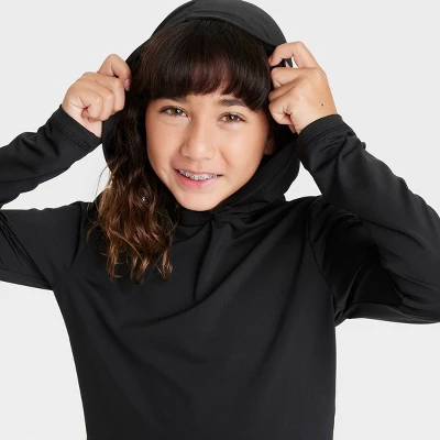 Girls' Hooded Long Sleeve Rash Guard Swim Top - Cat & Jack™ Black 1 Girls' Hooded Long Sleeve Rash Guard Swim Top - Cat & Jack™ Black
