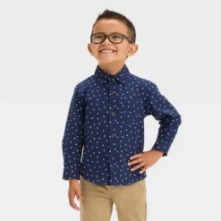 Toddler Boys' Long Sleeve Dot Printed 'Button-Down' Shirt - Cat & Jack™ Navy Blue -Cat & Jack GUEST 23590c00 6ee6 497c bede 3d283c18c25e