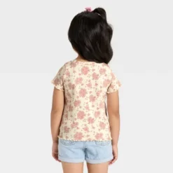 Toddler Girls' Short Sleeve Floral Ribbed T-Shirt - Cat & Jack™ Beige 3T