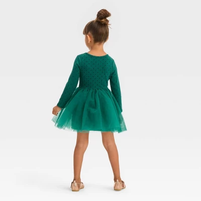 Toddler Girls' Dot Long Sleeve Knit Tulle Dress - Cat & Jack™ Green 1 Toddler Girls' Dot Long Sleeve Knit Tulle Dress - Cat & Jack™ Green