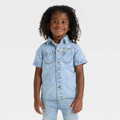 Toddler Boys' Short Sleeve Embroidered Denim Button-Up Shirt - Cat & Jack™ Medium Wash 4 Toddler Boys' Short Sleeve Embroidered Denim Button-Up Shirt - Cat & Jack™ Medium Wash - Image 4