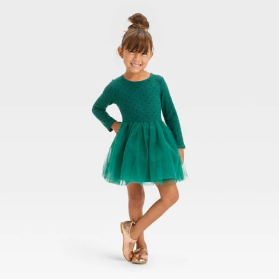 Toddler Girls' Dot Long Sleeve Knit Tulle Dress - Cat & Jack™ Green 3 Toddler Girls' Dot Long Sleeve Knit Tulle Dress - Cat & Jack™ Green - Image 3