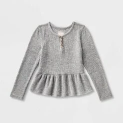 Girls' Adaptive Long Sleeve Henley Peplum Shirt - Cat & Jack™ Heather Gray -Cat & Jack GUEST 52501053 89a3 43eb aeb2 f2214fd0a42e