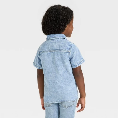 Toddler Boys' Short Sleeve Embroidered Denim Button-Up Shirt - Cat & Jack™ Medium Wash 2 Toddler Boys' Short Sleeve Embroidered Denim Button-Up Shirt - Cat & Jack™ Medium Wash - Image 2