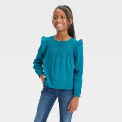 Girls' Long Sleeve Woven Ruffle Shirt - Cat & Jack™ Teal Blue -Cat & Jack GUEST 592e6104 bfc5 4b6b ae09 941d46c41136