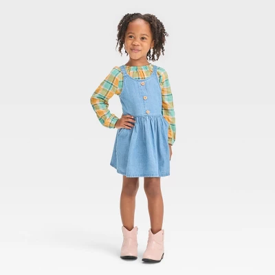 Toddler Girls' Plaid Long Sleeve Top & Denim Skirtall Set - Cat & Jack™ Blue 3 Toddler Girls' Plaid Long Sleeve Top & Denim Skirtall Set - Cat & Jack™ Blue - Image 3
