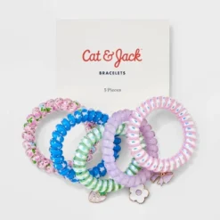 Girls' 5pk Phone Cord With Strawberry And Bow Charms Bracelet Set - Cat & Jack™️: Stretchable, Pull-On, Iron, Acrylic, Zinc Alloy