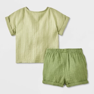 Baby Boys' 2pc Smiley Embroidered Pocket Gauze Shorts Set - Cat & Jack™ Green 1 Baby Boys' 2pc Smiley Embroidered Pocket Gauze Shorts Set - Cat & Jack™ Green