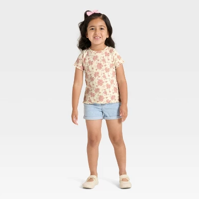 Toddler Girls' Short Sleeve Floral Ribbed T-Shirt - Cat & Jack™ Beige 2T 2 Toddler Girls' Short Sleeve Floral Ribbed T-Shirt - Cat & Jack™ Beige 2T - Image 2