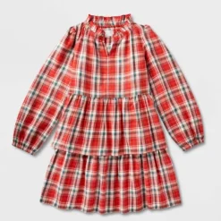 Girls' Adaptive Abdominal Access Long Sleeve Plaid Tiered Woven Dress - Cat & Jack™ Red -Cat & Jack GUEST 857a1a0e de64 4222 9c83 e5fe13ff9a98