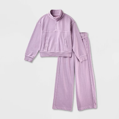 Girls' Adaptive French Terry Sweater Top & Bottom Set - Cat & Jack™ Mauve Purple 4 Girls' Adaptive French Terry Sweater Top & Bottom Set - Cat & Jack™ Mauve Purple - Image 4