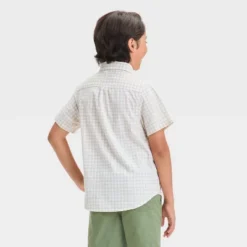 Boys' Short Sleeve Gingham Poplin Button-Down Shirt - Cat & Jack™ Beige