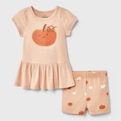 Baby Girls' 2pc Smiling Pumpkin Peplum T-Shirt And Bike Shorts Set - Cat & Jack™ Peach Orange -Cat & Jack GUEST 8f1aadcc c781 41f7 8f3c 302af5957eff