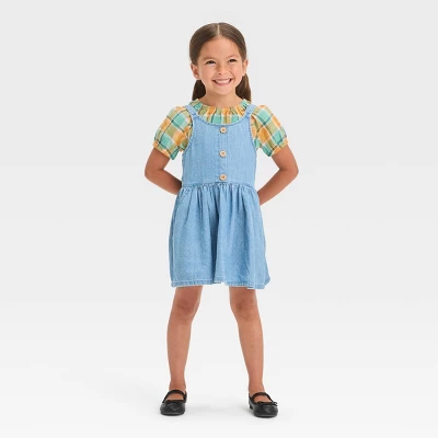 Toddler Girls' Plaid Short Sleeve Top & Denim Skirtall Set - Cat & Jack™ Blue 3 Toddler Girls' Plaid Short Sleeve Top & Denim Skirtall Set - Cat & Jack™ Blue - Image 3