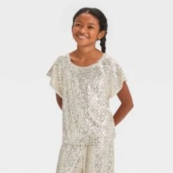 Girls' Short Sleeve Sequin Woven Shirt - Cat & Jack™ Silver -Cat & Jack GUEST 9936fb89 8e45 4a0a ad29 e0eb64b1a899