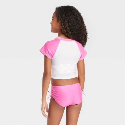 Girls' Super Smile Cropped Rashguard Set - Cat & Jack™ White/Pink 3 Girls' Super Smile Cropped Rashguard Set - Cat & Jack™ White/Pink - Image 3