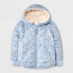 Toddler Girls' Floral Printed Reversible Puffer Jacket - Cat & Jack™ Blue -Cat & Jack GUEST ac72bdd8 f3c7 4b15 85d0 a42709073125