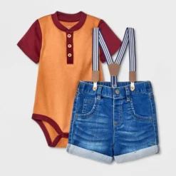 Baby Boys' Denim Shorts Henley Suspender Set - Cat & Jack™ Burgundy -Cat & Jack GUEST b1d772e4 5a10 4a67 a663 3d7563f42834