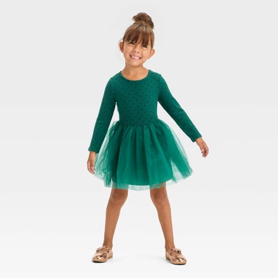 Toddler Girls' Dot Long Sleeve Knit Tulle Dress - Cat & Jack™ Green 2 Toddler Girls' Dot Long Sleeve Knit Tulle Dress - Cat & Jack™ Green - Image 2