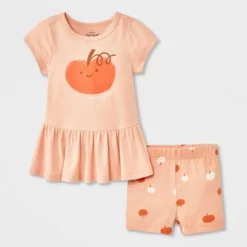 Baby Girls' 2pc Smiling Pumpkin Peplum T-Shirt And Bike Shorts Set - Cat & Jack™ Peach Orange -Cat & Jack GUEST bc562ada 43da 4262 81c7 a979e437a728