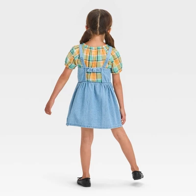 Toddler Girls' Plaid Short Sleeve Top & Denim Skirtall Set - Cat & Jack™ Blue 1 Toddler Girls' Plaid Short Sleeve Top & Denim Skirtall Set - Cat & Jack™ Blue