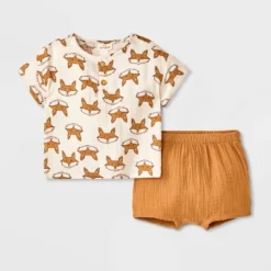 Baby Boys' Fox Printed Henley Gauze Shorts Set - Cat & Jack™ Cream -Cat & Jack GUEST c84f735f 14df 4b33 9c07 1adb04050ab2