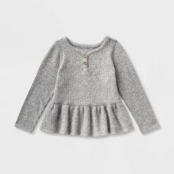Toddler Girls' Adaptive Long Sleeve Henley Peplum Shirt - Cat & Jack™ Heather Gray -Cat & Jack GUEST cacdff74 e42b 4967 8965 f7e3cf752573