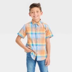 Boys' Short Sleeve Plaid Button-Down Shirt - Cat & Jack™ Orange -Cat & Jack GUEST d7ce770b 8a22 4da6 8938 391593cb8f0d