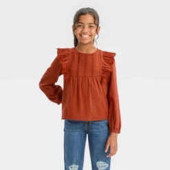 Girls' Long Sleeve Woven Ruffle Shirt - Cat & Jack™ Chestnut Orange -Cat & Jack GUEST db707300 f1d3 4eaa 8365 b655c2fac748