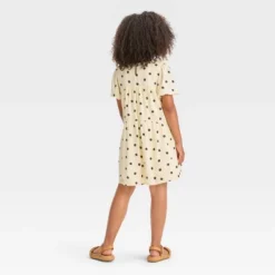 Girls' Short Sleeve Woven Dress - Cat & Jack™ Ivory Dot