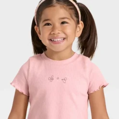 Toddler Girls' Short Sleeve Flower Ribbed T-Shirt - Cat & Jack™ Light Mauve 2T