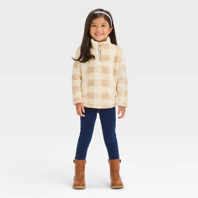 Toddler Girls' Checkered Quarter Zip-Up Jacket - Cat & Jack™ Beige 2 Toddler Girls' Checkered Quarter Zip-Up Jacket - Cat & Jack™ Beige - Image 2