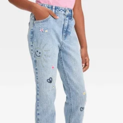 Girls' High-Rise Embroidered Ankle Straight Jeans - Cat & Jack™ Blue -Cat & Jack GUEST f4a1dd48 0bc0 4a22 80ab bacfaebe92b0